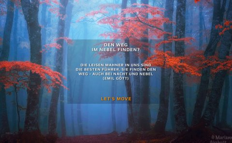 Den Weg im Nebel finden? - Das Bild zeigt einen Herbstwald im Nebel in Blau- und wunderschönen Rottönen mit der Aufschrift: "Die leisen Mahner in uns sind die besten Führer. Sie finden den Weg - auch bei Nacht und Nebel" (Emil Gött)