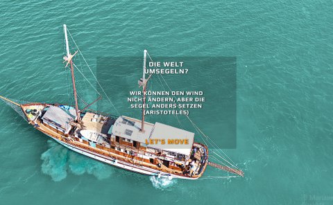 Die Welt umsegeln? - Das Bild zeigt ein großes Zweimaster-Segelschiff im türkis-grünen Meer mit der Aufschrift "Wir können den Wind nicht ändern, aber die Segel anders setzen" (Aristoteles)