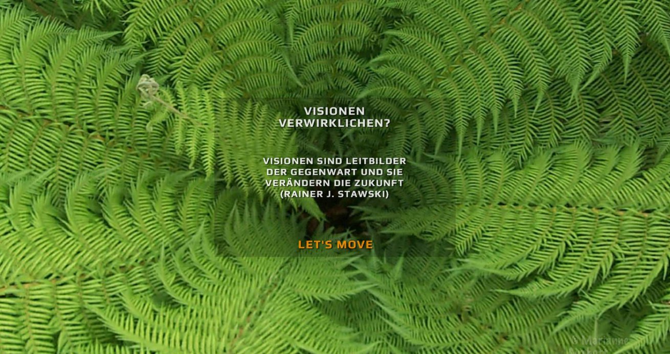 Visionen verwirklichen? - Das Bild zeigt die Details eines Farns. Die Aufschrift ist: "Visionen sind Leitbilder der Gegenwart und sie verändern die Zukunft" (Rainer J. Stawski)